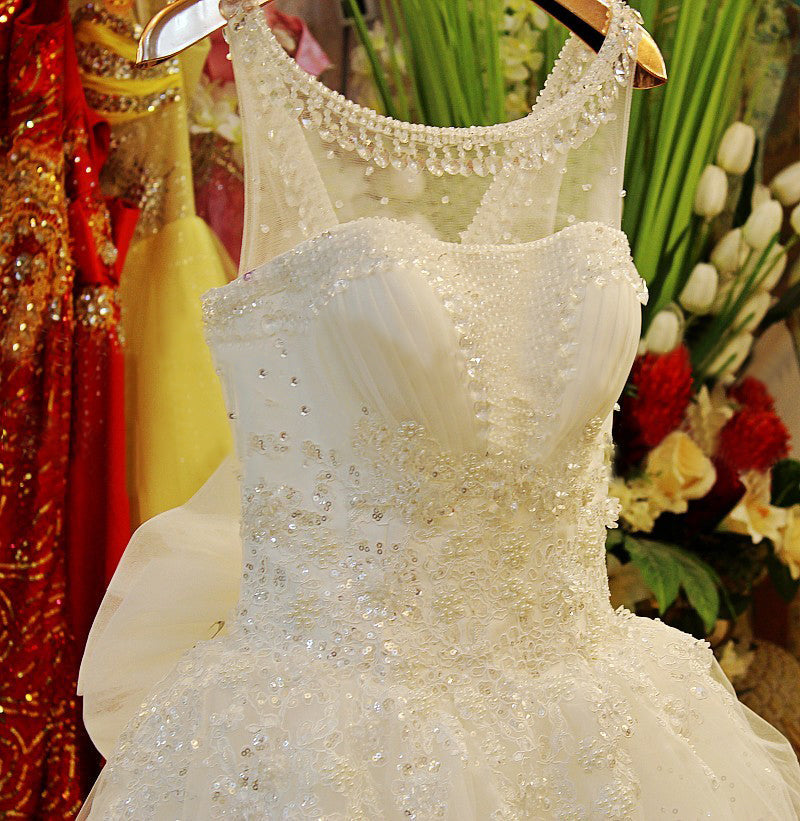 Luxurious White Crystal Ball Gown Wedding Dress Popular Beading Custom Made Long Bridal Gown