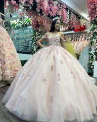 Luxuru & Glamorou Ball Gown Off Shoulder Lace Appliques Lace Up Pink Tulle Princess Evening Gown Quinceanera Dress For Sweet 16 Gowns