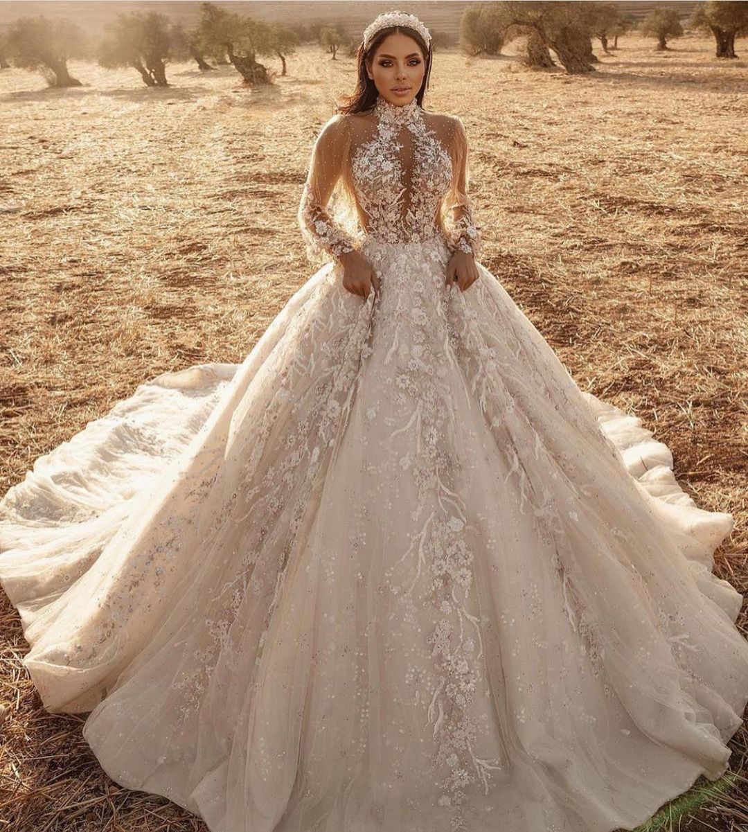 long sleeve wedding dresses online Fancy Long Sheer Long Sleeve A line Princess Bridal Gown With Sparkling 44