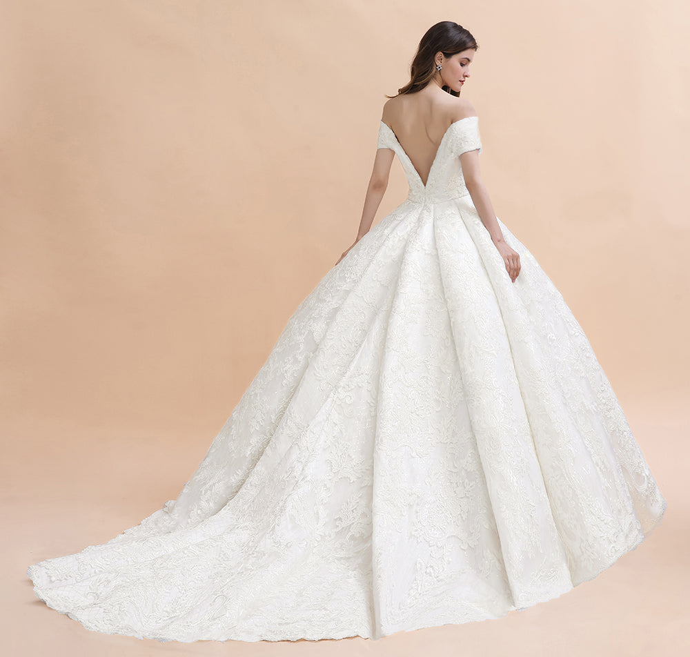 Luxury Ball Gown Lace Satin Sweetheart Wedding Dress | Sleeveless Bridal Gowns with V-Back