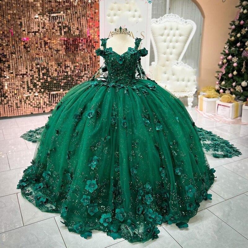Luxury Ball Gown Off Shoulder 3D Flower Appliques Beaded Emerald Green suzhoufashion Luxury Ball Gown Off Shoulder 3D Flower Appliques Beaded Emerald Green suzhoufashion