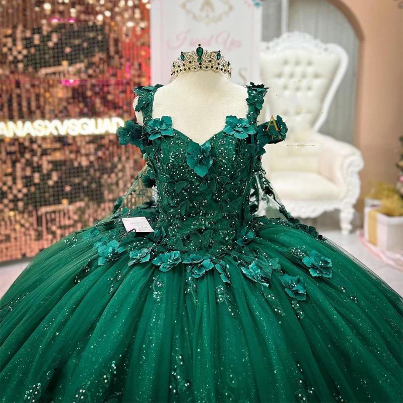Luxury Ball Gown Off Shoulder 3D Flower Appliques Beaded Emerald Green suzhoufashion Luxury Ball Gown Off Shoulder 3D Flower Appliques Beaded Emerald Green suzhoufashion