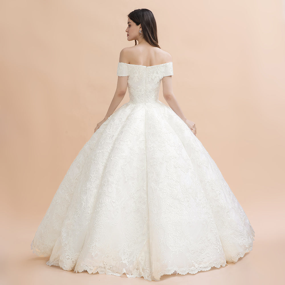 Luxury Ball Gown Off-the-Shoulder Sweetheart Wedding Dress | Sleeveless Lace Satin Bridal Gowns