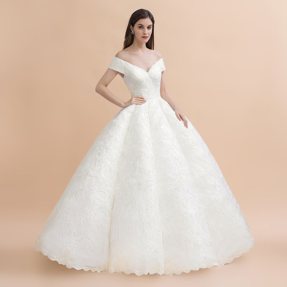 Luxury Ball Gown Off-the-Shoulder Sweetheart Wedding Dress | Sleeveless Lace Satin Bridal Gowns