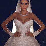 Luxury Ball Gown Tulle Lace Long Sleeves Wedding Dress with Beadings On Sale