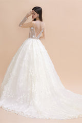 Luxury Ball Gown Tulle Lace Wedding Dress | Long Sleeves Appliques Pearls Bridal Gowns with Flowers