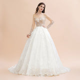 Luxury Ball Gown Tulle Lace Wedding Dress | Long Sleeves Appliques Pearls Bridal Gowns with Flowers