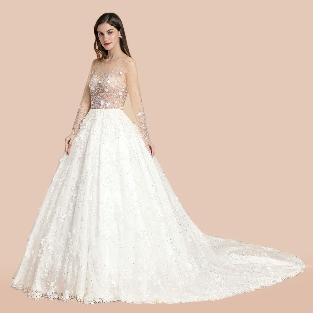 Luxury Ball Gown Tulle Lace Wedding Dress | Long Sleeves Appliques Pearls Bridal Gowns with Flowers