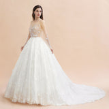 Luxury Ball Gown Tulle Lace Wedding Dress | Long Sleeves Appliques Pearls Bridal Gowns with Flowers