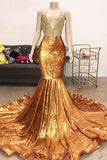 Luxury Beads Appliques Gold Prom Dresses Mermaid Open Back Sexy Evening Gowns