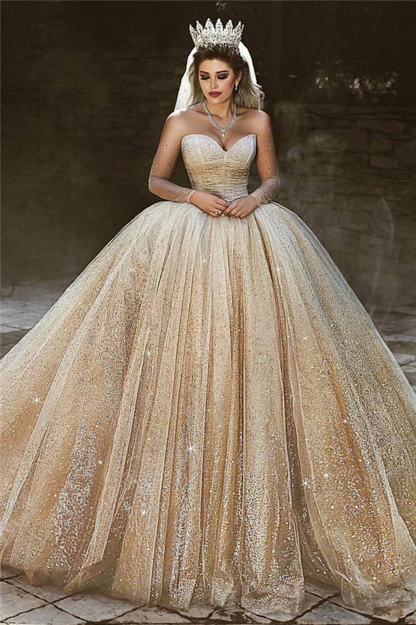 Luxury Champagne Gold Wedding Dresses | Sequins Princess Ball Gown Royal Wedding Dresses