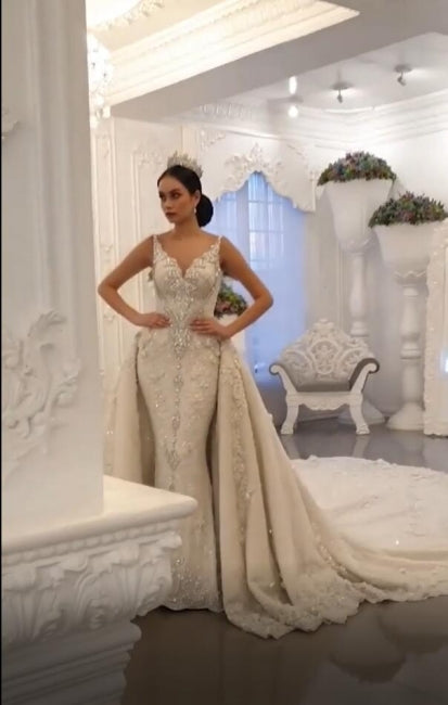 luxury chapel dress Luxury Chapel Train White Mermaid Wedding Dress With Lace Appliques