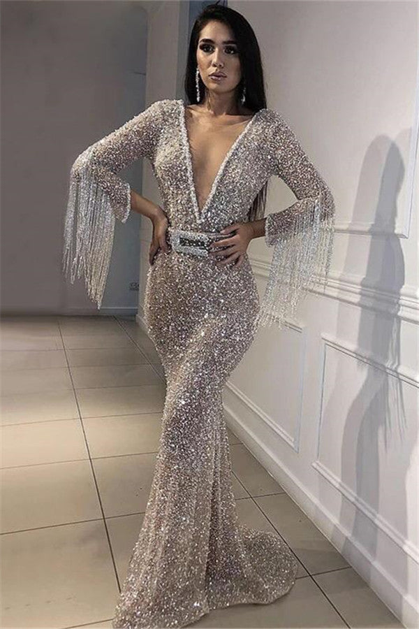 Luxury Deep V-Neck Mermaid Evening Dresses | Long Sleeves Sequins Crystal Prom Dresses with Tassels BC0627