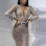 Luxury Deep V-Neck Mermaid Evening Dresses | Long Sleeves Sequins Crystal Prom Dresses with Tassels BC0627