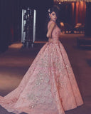 Luxury Evening Gown Flowers Puffy Pink V-Neck Beading Lace Evening Gowns