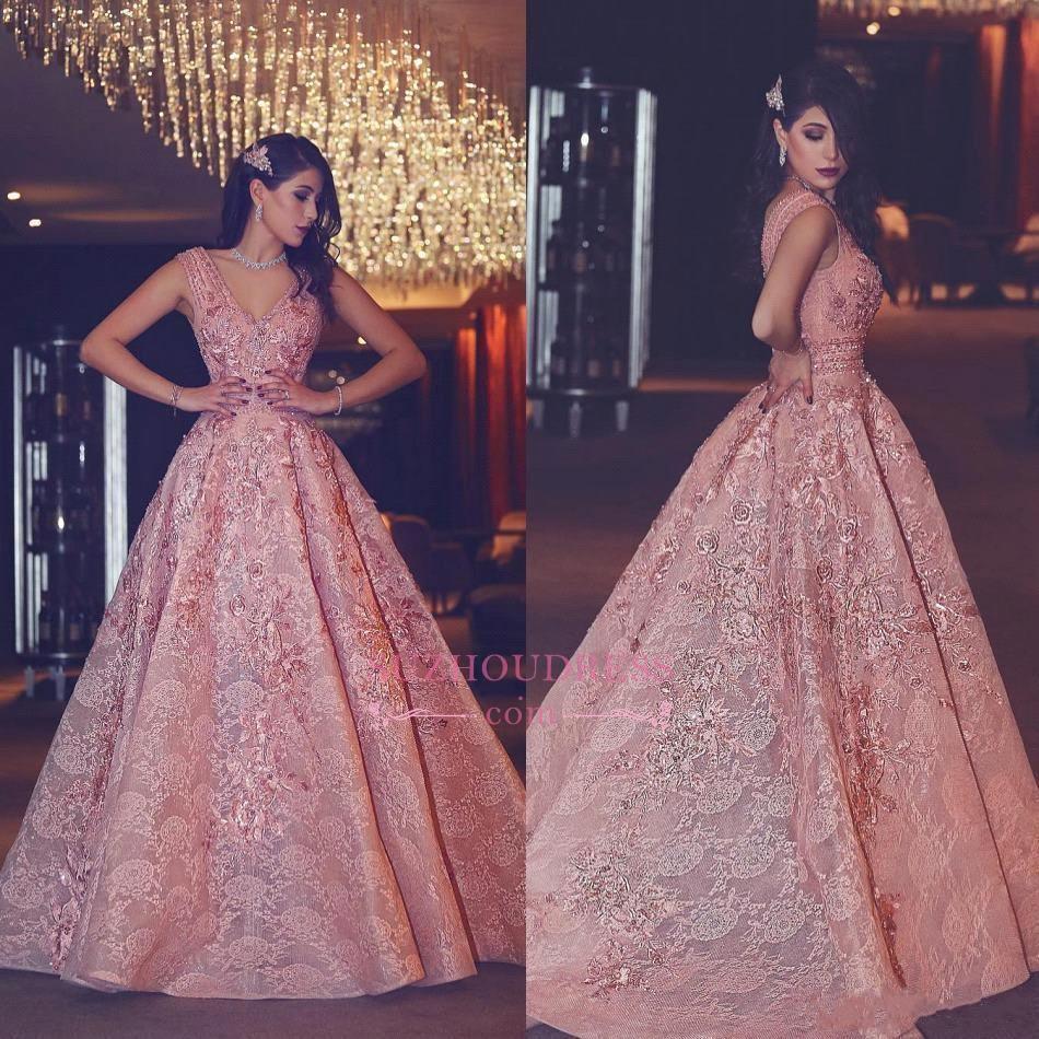 Luxury Evening Gown Flowers Puffy Pink V Neck Beading Lace Evening Gowns Suzhoufashion suzhoufashion