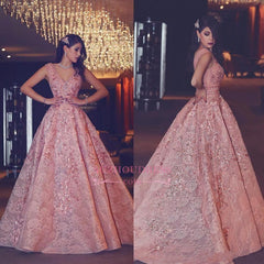 Luxury Evening Gown Flowers Puffy Pink V-Neck Beading Lace Evening Gowns