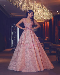 Luxury Evening Gown Flowers Puffy Pink V-Neck Beading Lace Evening Gowns