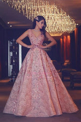 Luxury Evening Gown Flowers Puffy Pink V-Neck Beading Lace Evening Gowns