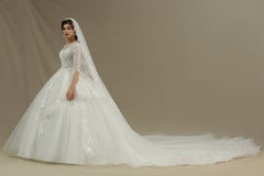 Luxury Floral Lace Bridal Gown Crew Neck Long Sleeves Aline Spring Garden Ball Gown