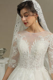 Luxury Floral Lace Bridal Gown Crew Neck Long Sleeves Aline Spring Garden Ball Gown
