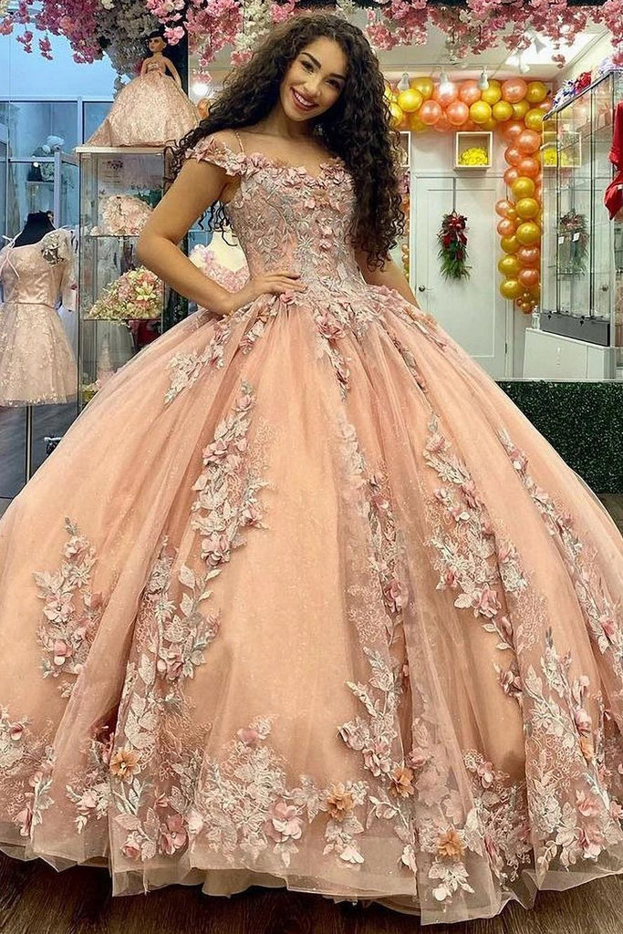 white christmas dresses Luxury & Glamorous Ball Gown Off Shoulder Sleeveless 3D Flowers Lace Appliques Champagne Tulle Princess Evening Party Dress Quinceanera Dresses for