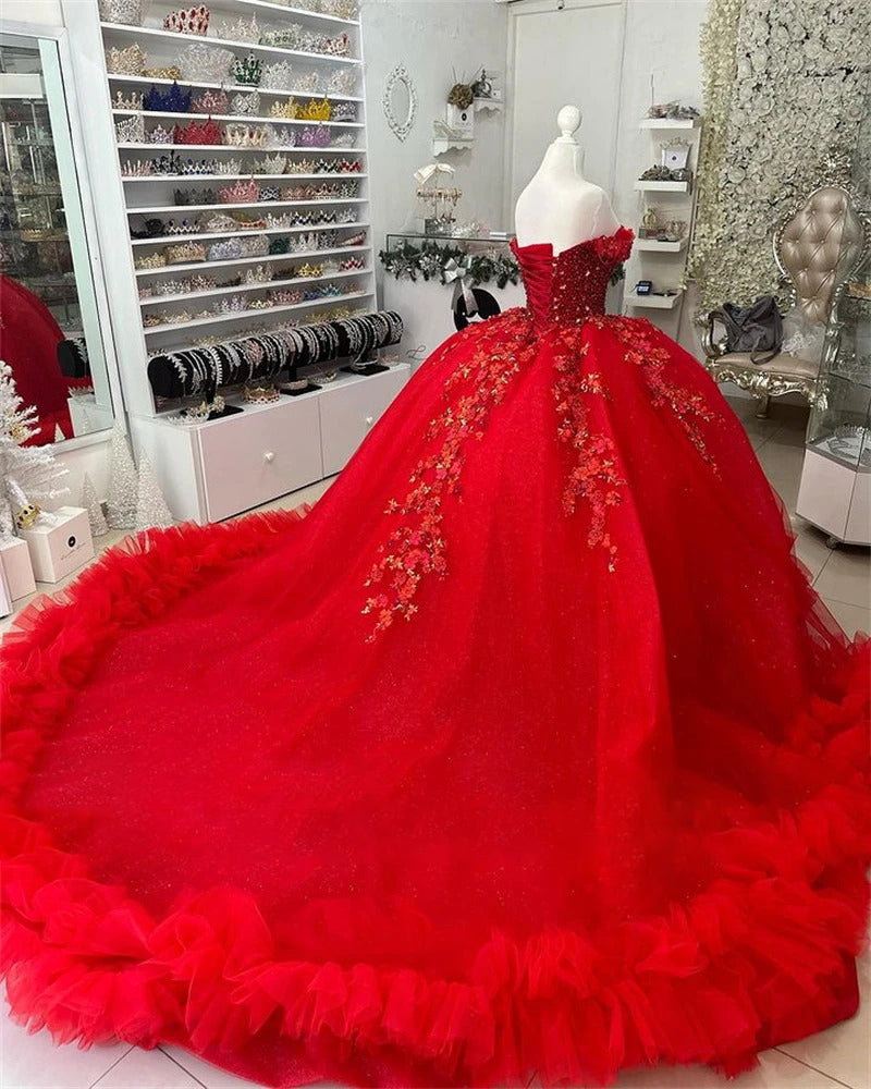 Luxury & Gorgeous Ball Gown Off Shoulder Beaded Lace Appliques Ruffles Red Tulle Quinceanera Dresses Birthday Party Gown For Sweet 16