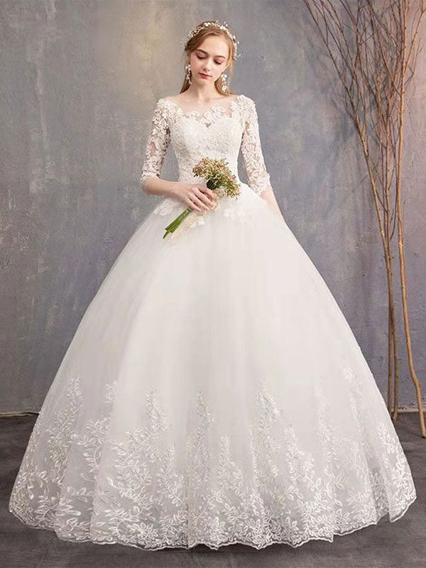 Luxury Half Sleeves Jewel Tulle Lace Appliques Ball Gown Wedding Dresses