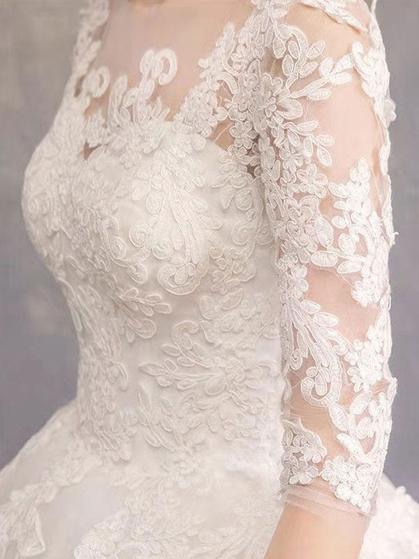Luxury Half Sleeves Jewel Tulle Lace Appliques Ball Gown Wedding Dresses