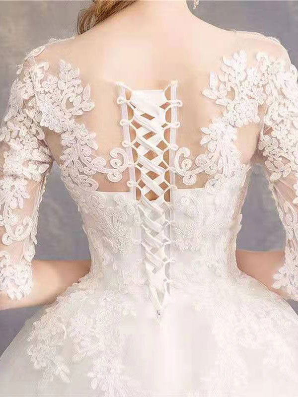 Luxury Half Sleeves Jewel Tulle Lace Appliques Ball Gown Wedding Dresses