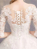 Luxury Half Sleeves Jewel Tulle Lace Appliques Ball Gown Wedding Dresses