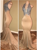 Luxury Halter Mermaid Prom Dresses Sleeveless Applique Lace Evening Gowns BA7774