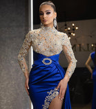 Luxury Halter Royal Blue Satin Mermaid Evening Maxi Dress Long Sleeves Crystals Gold Appliques Party Dress