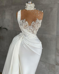 Luxury Ivory Prom Dress Satin One Shoulder Beading Appliques Mermaid Evening Dress