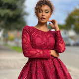Luxury Jewel Long Sleeves Burgundy Tulle Lace Prom Dress with Beadings Online