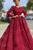 Luxury Jewel Long Sleeves Burgundy Tulle Lace Prom Dress with Beadings Online