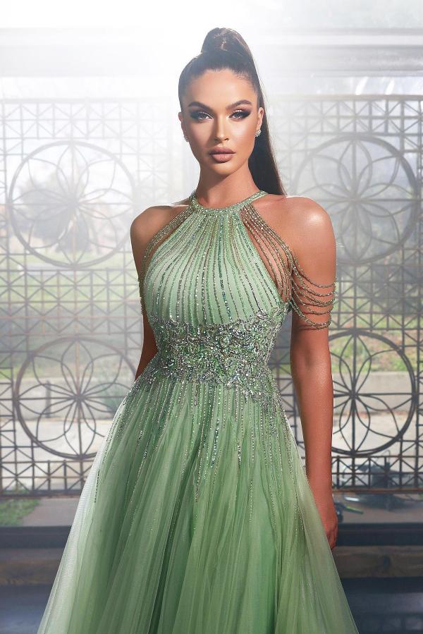 Luxury Long Green Glitter Halter Sleeveless Evening Dresses