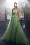 Luxury Long Green Glitter Halter Sleeveless Evening Dresses