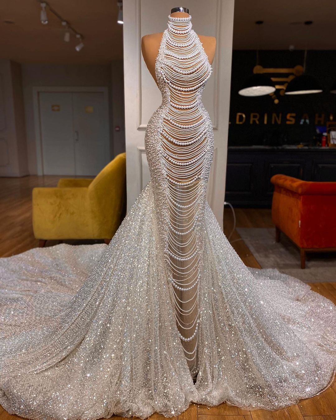 Luxury Long Mermaid Halter Beading Sleeveless Bridal Dress with Pearls Luxury Long Mermaid Halter Beading Sleeveless Bridal Dress with Pearls