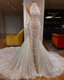 Luxury Long Mermaid Halter Beading Sleeveless Bridal Dress With Pearls