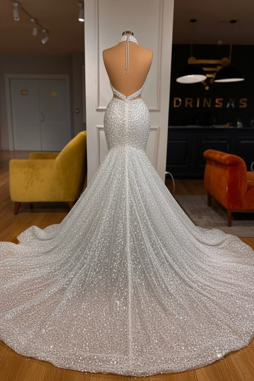 Luxury Long Mermaid Halter Beading Sleeveless Bridal Dress With Pearls