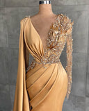 Luxury Long Sleeves Rose Gold Appliques Ruffles Split Mermaid Evening Dresses