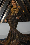 Luxury Long Sleeves Tulle Black Sequins Mermaid Prom Dresses