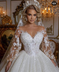 Luxury Long Sleeves Tulle Crystal Ball Gown Wedding Dresses