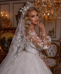 Luxury Long Sleeves Tulle Crystal Ball Gown Wedding Dresses