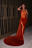 Luxury Long V-neck Sleeveless Mermaid Prom Dress With Train