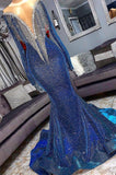 Luxury Mermaid Long Sleeve Shiny Blue Tassels Junior Prom Dresses with Court Train