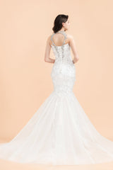 Luxury Mermaid Wedding Dress | Tulle Lace Sequins Sleeveless Bridal Gowns with Pearls