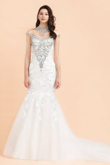 Luxury Mermaid Wedding Dress | Tulle Lace Sequins Sleeveless Bridal Gowns with Pearls