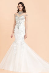 Luxury Mermaid Wedding Dress | Tulle Lace Sequins Sleeveless Bridal Gowns with Pearls